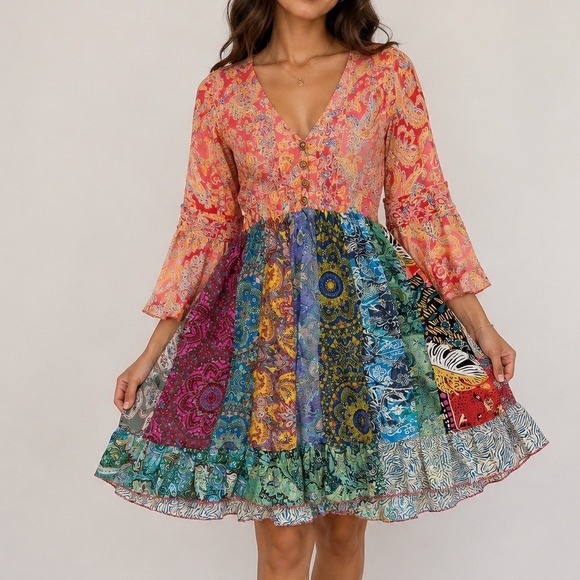 Nazila Couture Dresses & Skirts - Silk Blend Patchwork Boho Fairy Bell Sleeve tunic mini dress L/XL whimsy paisley
